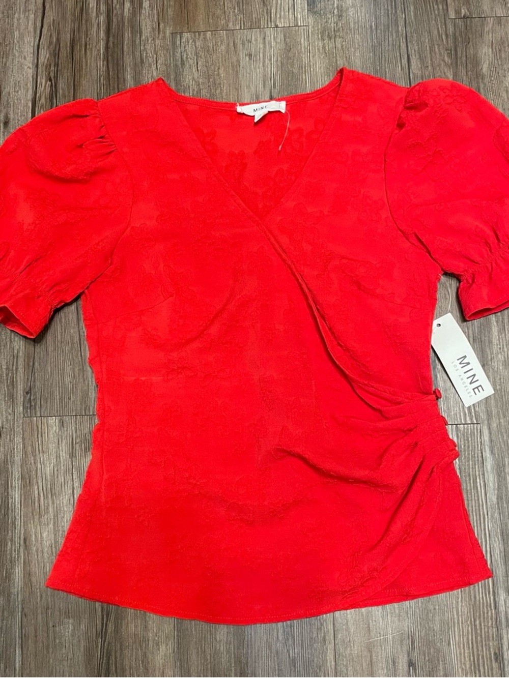 MINE Bright Red Puff Sleeve Wrap Blouse